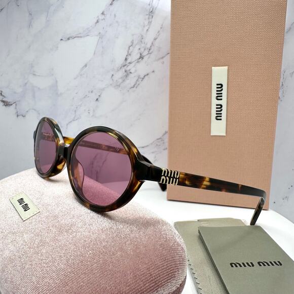 MIU MIU Sunglasses New Brown Tortoise Round Acetate Gold Metal Logo Authentic - Picture 1 of 16